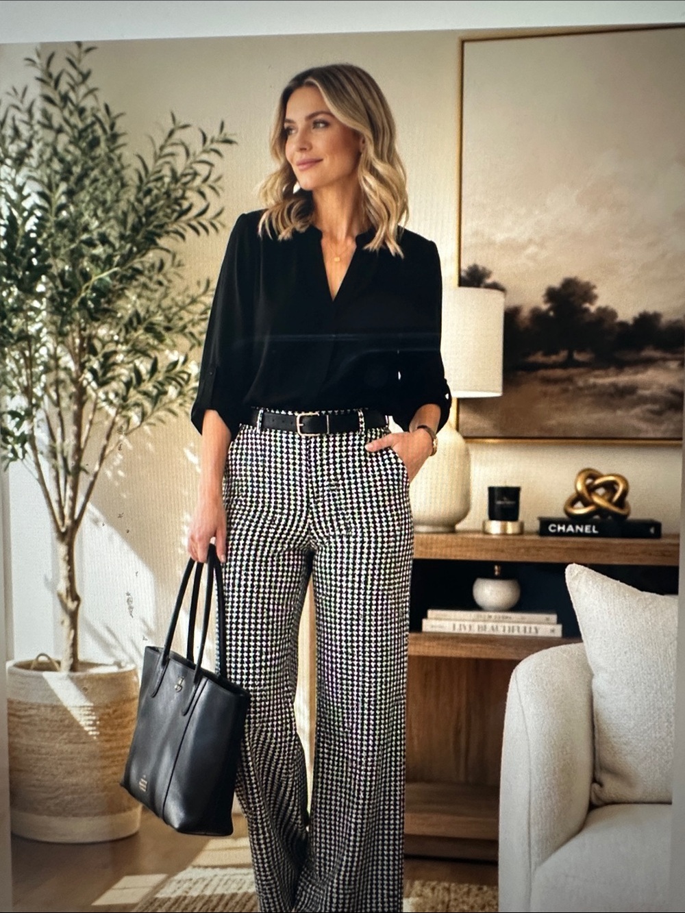 CAbi Black and White Houndstooth Wide Leg Pants